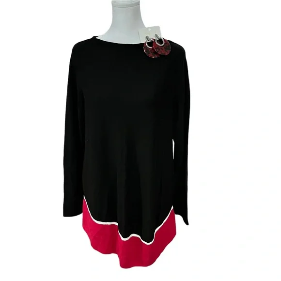 J. Jill Colorblock Asymmetrical Wool Sweater Black & Red With Pair of Earrings - Picture 2 of 8